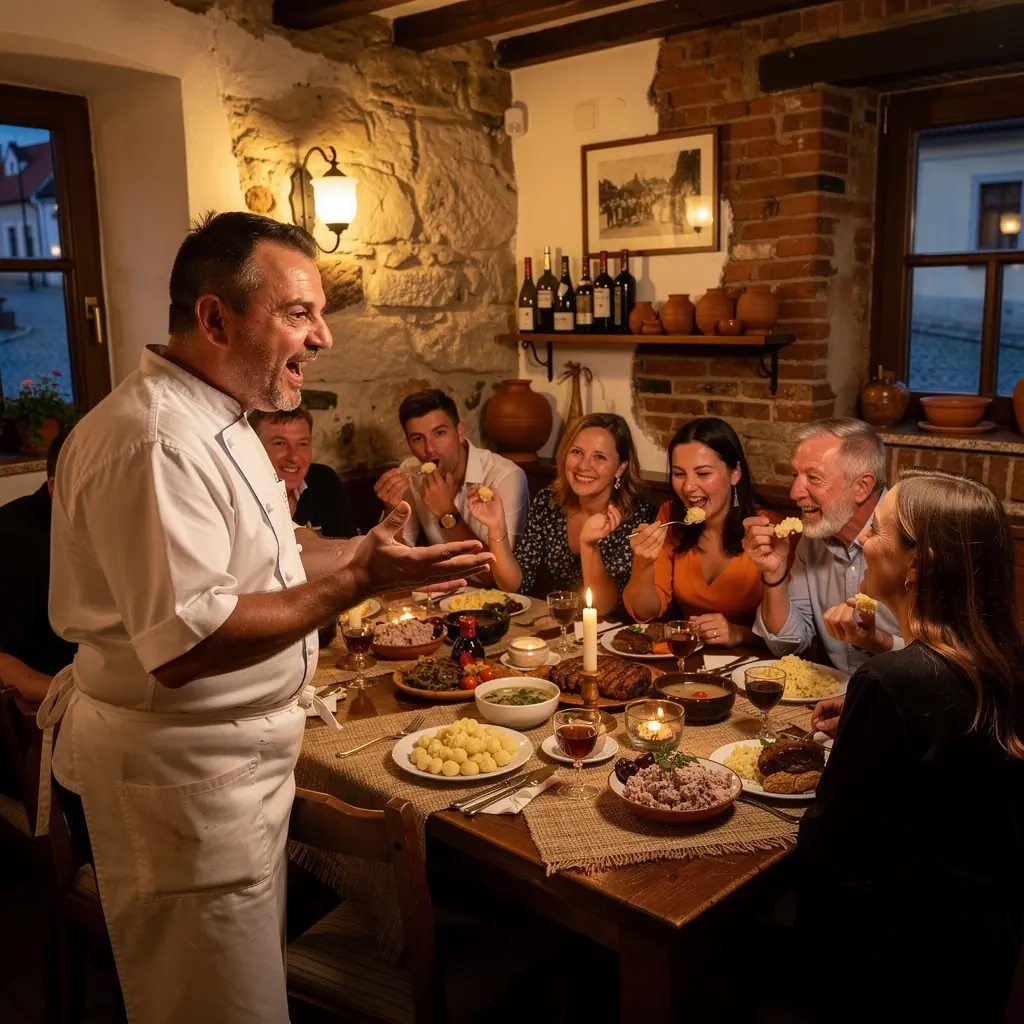 A picturesque view of a cobblestone street lined with historic buildings in a Slovakian city.