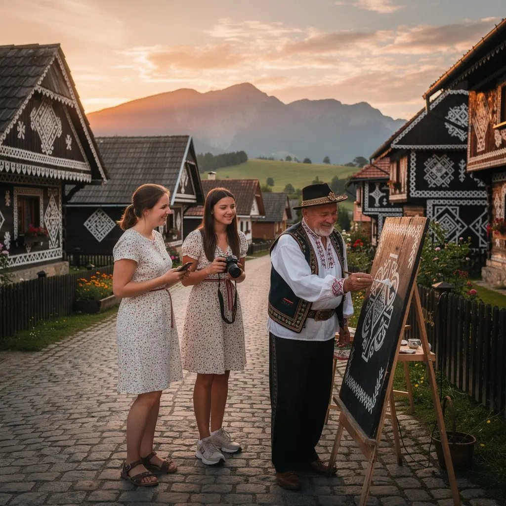A group of tourists interacting with friendly locals during a cultural exchange in a Slovakian market.