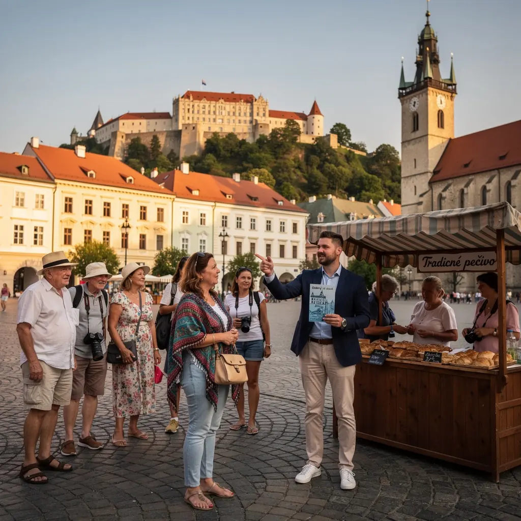 A scenic landscape featuring a traditional Slovak castle overlooking the surrounding countryside.